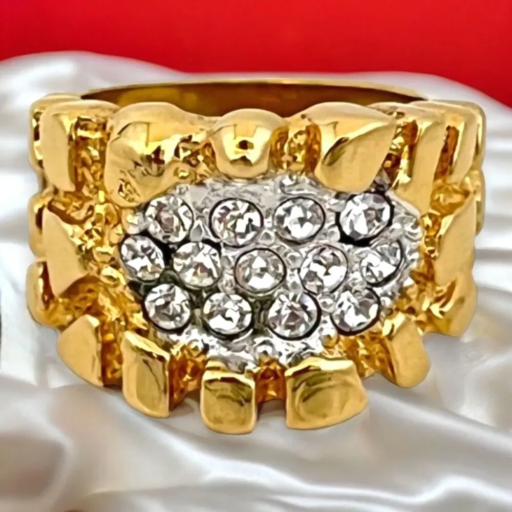 Vintage 1970s Nugget Ring Crystal Accents 14K Gold Plate Mens Size 9 - 5J